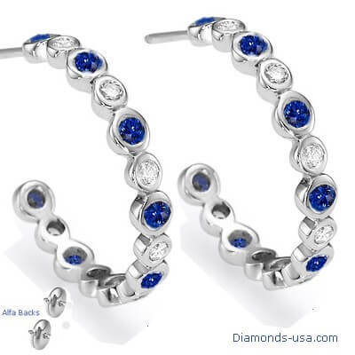 Diamonds and Blue Ceylon Sapphires Hoop Earrings