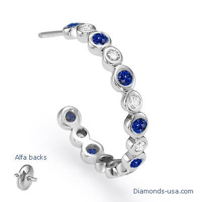 Diamonds and Blue Ceylon Sapphires Hoop Earrings