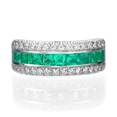 Wedding or anniversary ring with Green Emeralds Princess cut  & Round diamonds