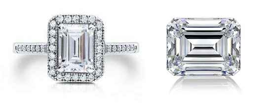 Diamante de talla esmeralda, suelto y engastado en anillo de halo