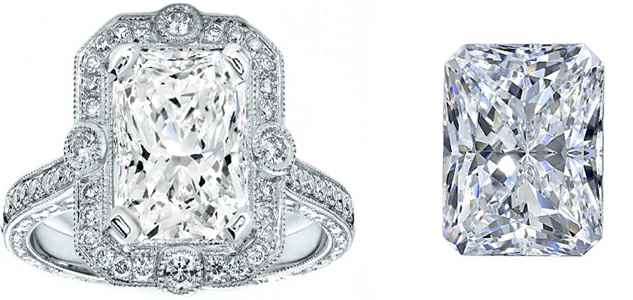 Diamante de corte radiante, suelto y engastado en un anillo de compromiso de halo