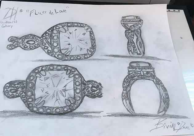 Un boceto de un anillo para un anillo de compromiso de diseño personalizado