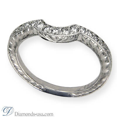 Hand engraved matching wedding  ring with diamonds