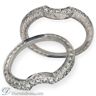 Hand engraved matching wedding  ring with diamonds