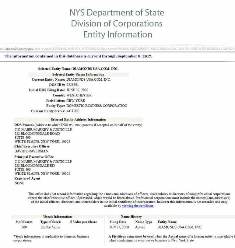 Diamonds-USA incorporation certificate, year 2000
