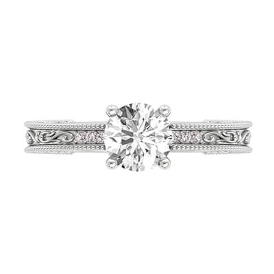 Engagement ring with side diamonds, filigree designs model, basket head