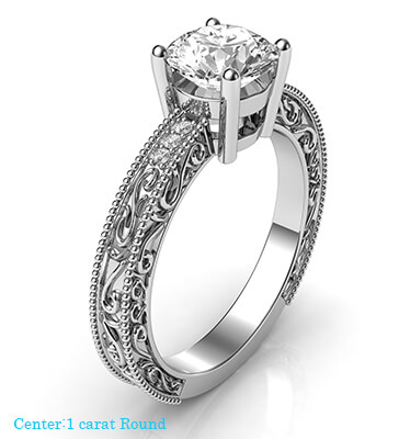 Engagement ring with side diamonds, filigree designs model, basket head