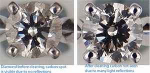 Diamond set in a ring top view, before and after cleaning, carbon spot visible only before.