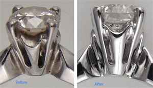 Diamond set in a ring side view, before and after cleaning