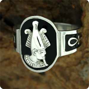 Osiris and Ra Egyptian protectors on a ring with black enamel