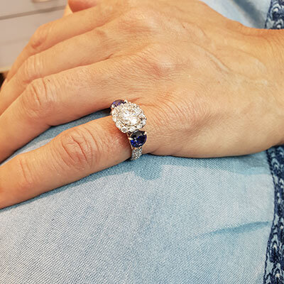Unique engagement ring for larger centers, 0.90 sides, 1.50 Sapphire