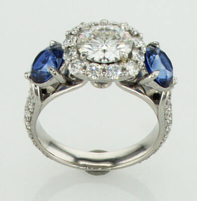 Unique engagement ring for larger centers, 0.90 sides, 1.50 Sapphire