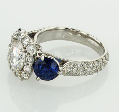 Unique engagement ring for larger centers, 0.90 sides, 1.50 Sapphire