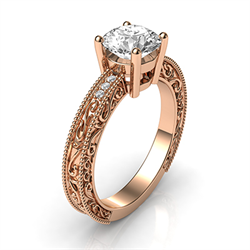 Foto Anillo de compromiso de oro rosa de filigrana con diamantes laterales, modelo de diseños de filigrana, cabeza de canasta de