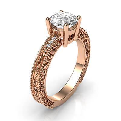 Anillo de compromiso de oro rosa de filigrana con diamantes laterales, modelo de diseños de filigrana, cabeza de canasta