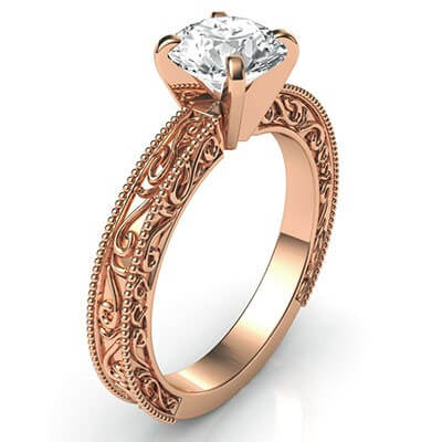 Filigree Designers model prongs head Rose Gold engagement ring
