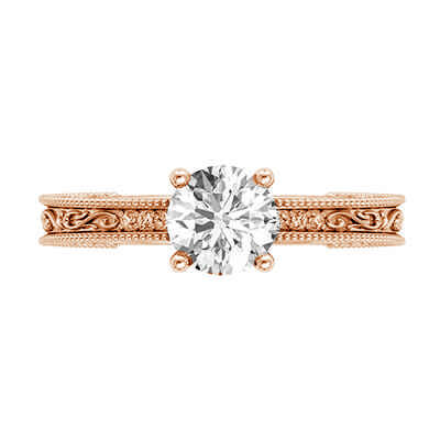 Anillo de compromiso de oro rosa de filigrana con diamantes laterales, modelo de diseños de filigrana, cabeza de canasta