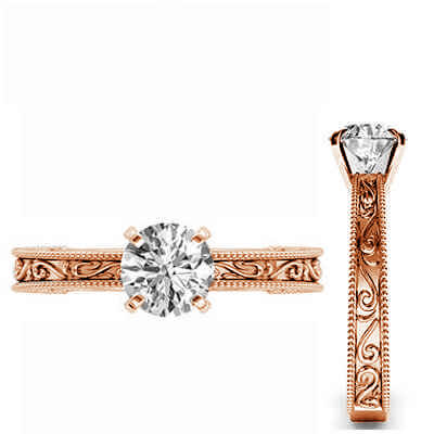 Filigree Designers model prongs head Rose Gold engagement ring