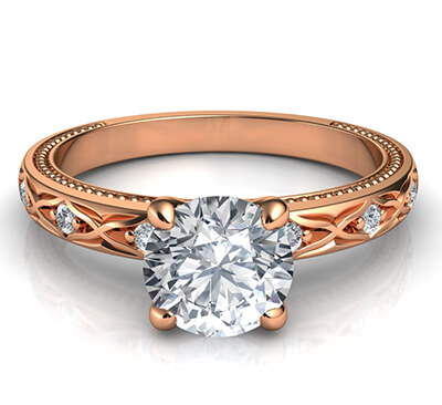 Kimberly-Rose Gold leaf motif vintage style engagement ring with side diamonds