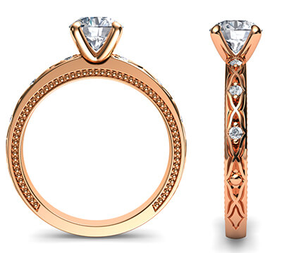 Kimberly-Rose Gold leaf motif vintage style engagement ring with side diamonds