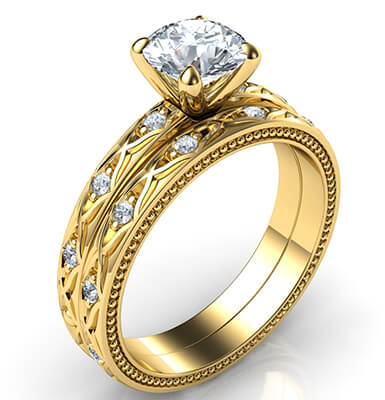 Kimberly-Leaf motif vintage bridal set with side diamonds 0.18 carat