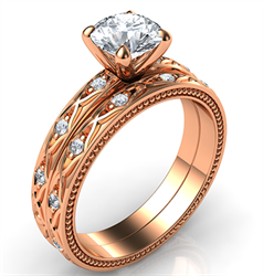 Foto  Rose gold leaf motif vintage bridal set with side diamonds 0.20 carat-Kimberly de