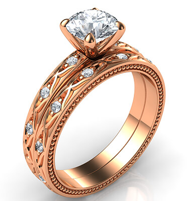  Rose gold leaf motif vintage bridal set with side diamonds 0.20 carat-Kimberly