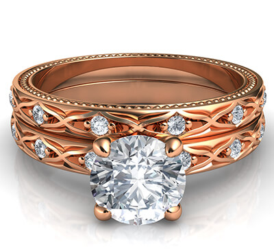  Rose gold leaf motif vintage bridal set with side diamonds 0.20 carat-Kimberly