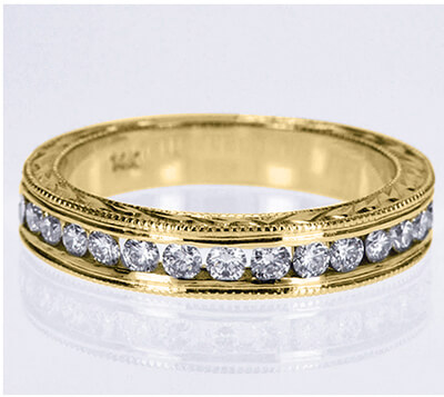 Hand Engraved wedding rings with round diamonds