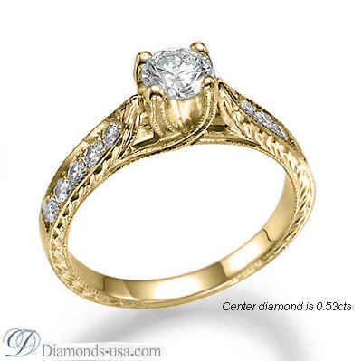 Vintage style cathedral engagement ring, hand engraved