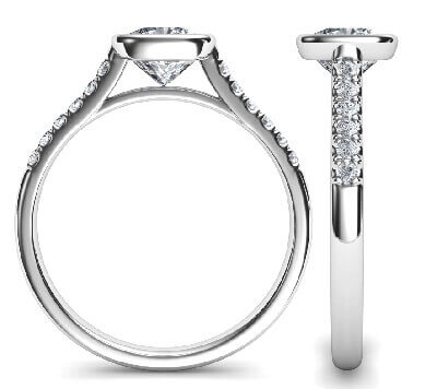 Delicate Low Profile cathedral bezel set engagement ring for Cushions with side diamonds-Amanda