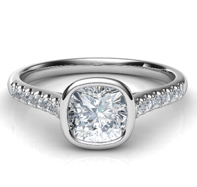 Delicate Low Profile cathedral bezel set engagement ring for Cushions with side diamonds-Amanda