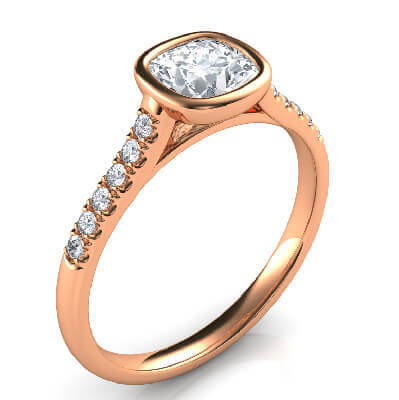  Rose Gold Delicate Low Profile bezel set engagement ring for Cushions with side diamonds-Amanda