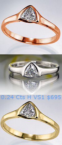 Triangle diamond rings, white, yellow and rose gold