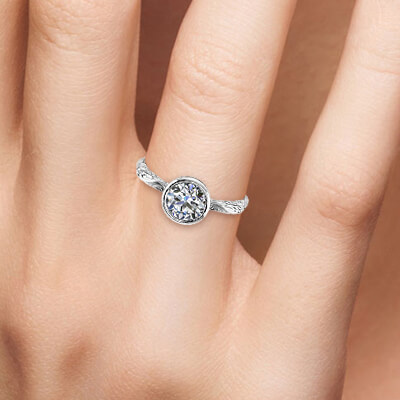 Solitaire Leaf motif low profile bezel set engagement ring-Shirley