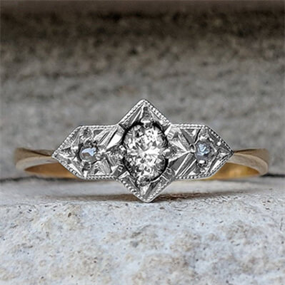 Genuine Art Deco trilogy Engagement ring set with natural center diamond 0.10 carat 
