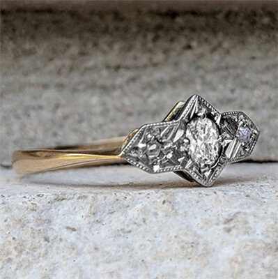 Genuine Art Deco trilogy Engagement ring set with natural center diamond 0.10 carat 