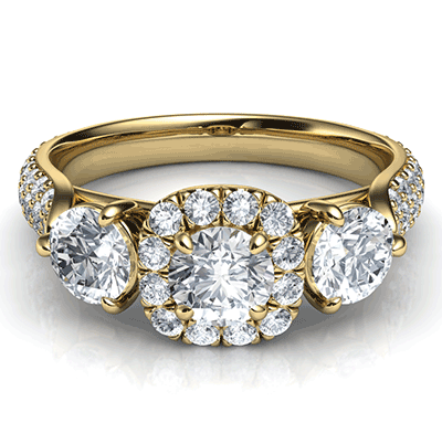 Anillo de compromiso con halo de tres diamantes, diamantes laterales de 3/4 quilates