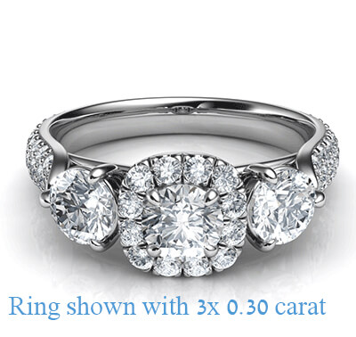 Anillo de compromiso con halo de tres diamantes, diamantes laterales de 3/4 quilates