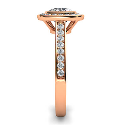 Rose Gold low profile bezel with halo engagement ring for all shapes and carats, 1/3 carat sides