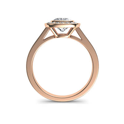 Rose Gold low profile bezel with halo engagement ring for all shapes and carats, 1/3 carat sides