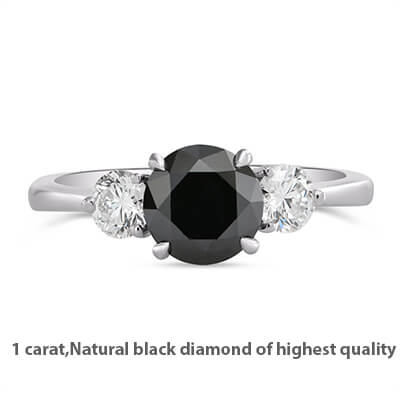 Anillo de compromiso de diamantes naturales negros con diamante negro de 1 quilate y dos lados de 0.125