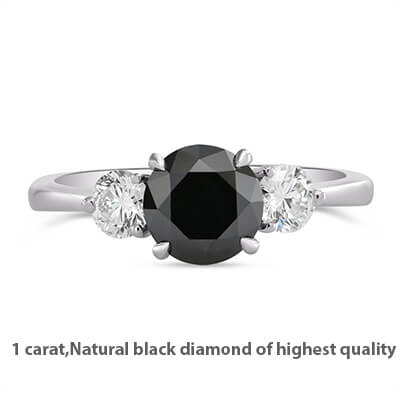 Black natural diamond engagement ring with 1 carat black diamond and two 0.125 sides