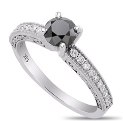 Foto Anillo de compromiso de diamantes naturales negros con diamantes negros de 1 quilate y diamantes laterales de