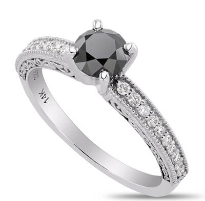 Anillo de compromiso de diamantes naturales negros con diamante negro de 1 quilate y diamantes laterales