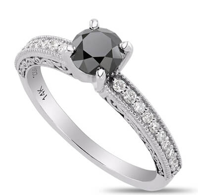 Black natural diamond engagement ring with 1 carat black diamond and  side diamonds