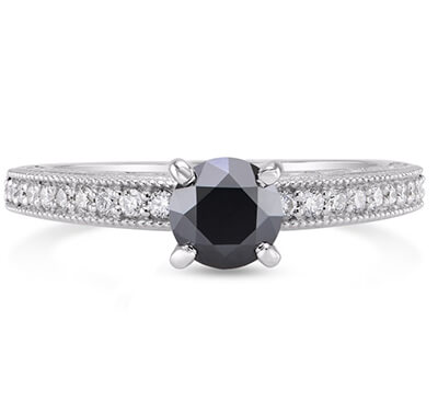 Black natural diamond engagement ring with 1 carat black diamond and  side diamonds