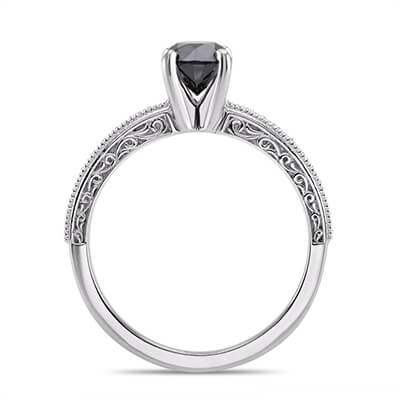 Black natural diamond engagement ring with 1 carat black diamond and  side diamonds