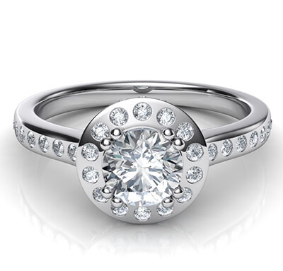 Contemporary Halo engagement ring with flush setting side diamonds