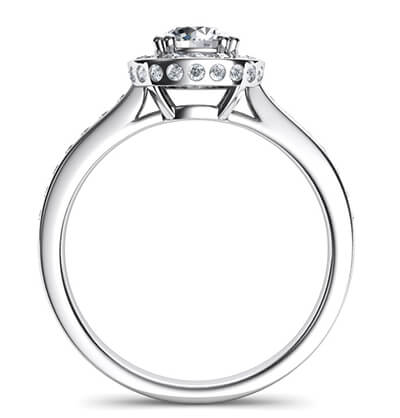 Contemporary Halo engagement ring with flush setting side diamonds